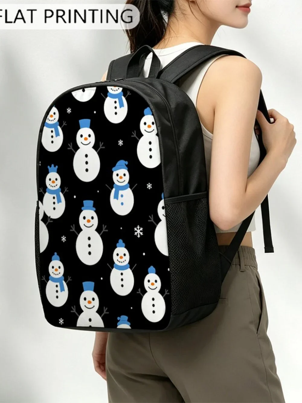 Snowman Christmas Backpack, Winter Cute Snowflake Print Casual Daypack 17 Inch L